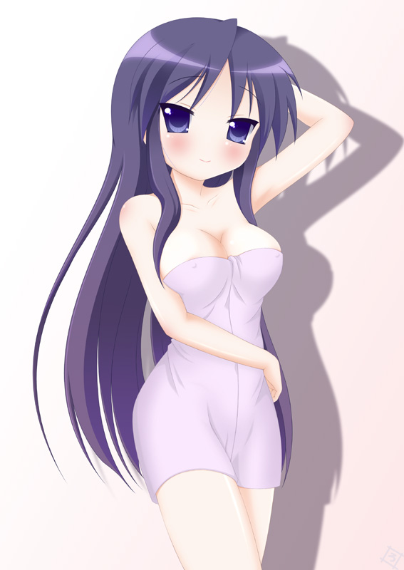 rodori gesu, hiiragi miki, lucky star, 00s, 1girl, areola slip, blush, breasts, female focus, impossible towel, long hair, medium breasts, naked towel, purple eyes, purple hair, solo, towel