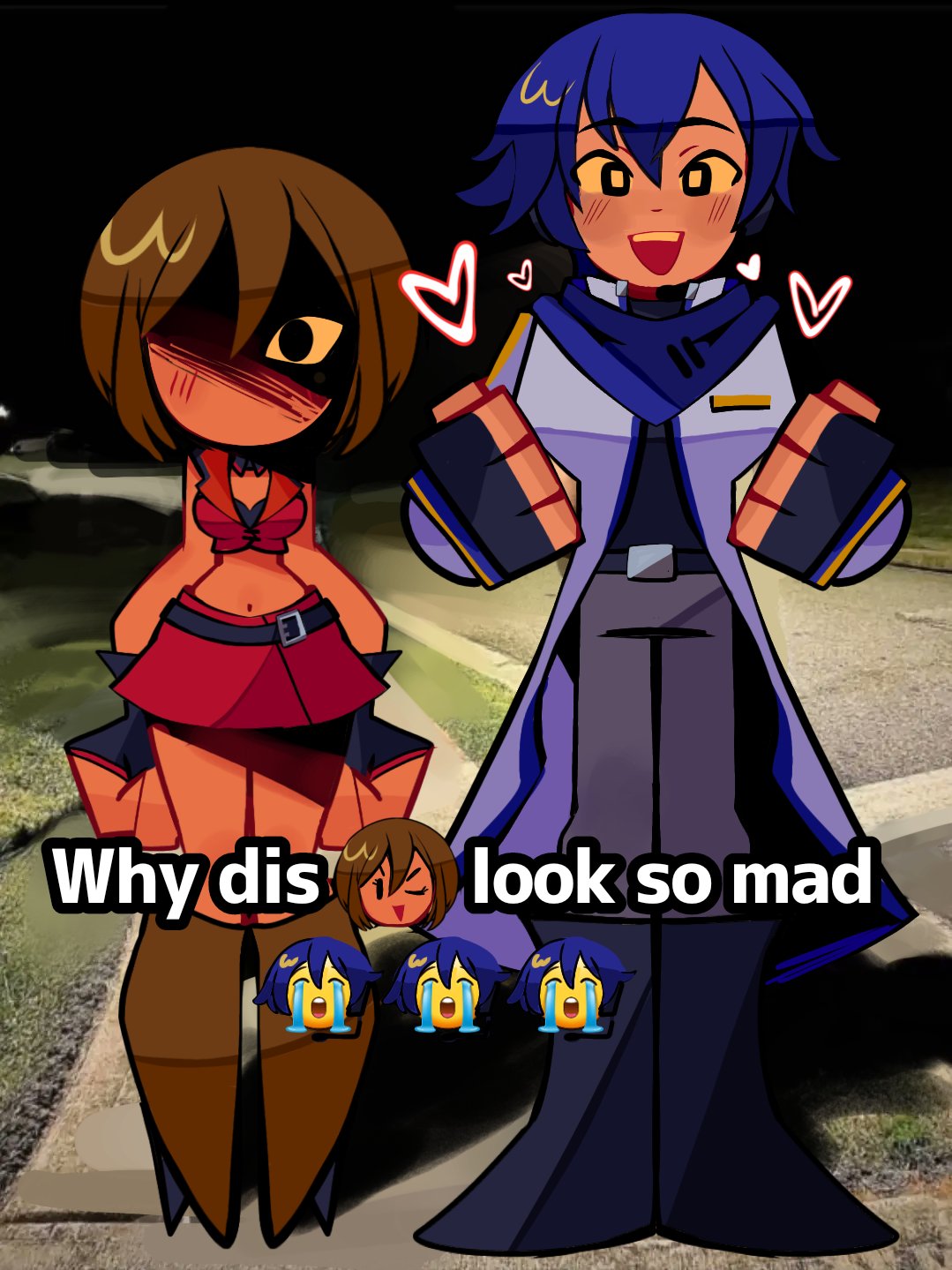 rainelyn00, kaito (vocaloid), meiko (vocaloid), vocaloid, 1boy, 1girl, angry, belt, black belt, black eyes, black gloves, blue boots, blue hair, blue scarf, boots, bright pupils, brown boots, brown hair, coat, cropped jacket, crying emoji, emoji, english text, fingerless gloves, gloves, grey pants, heart, jacket, meme, night, open clothes, open coat, open mouth, outdoors, pants, photo background, red jacket, red skirt, scarf, shaded face, short hair, skirt, smile, white coat, white pupils, why dis ninja look so mad (meme)
