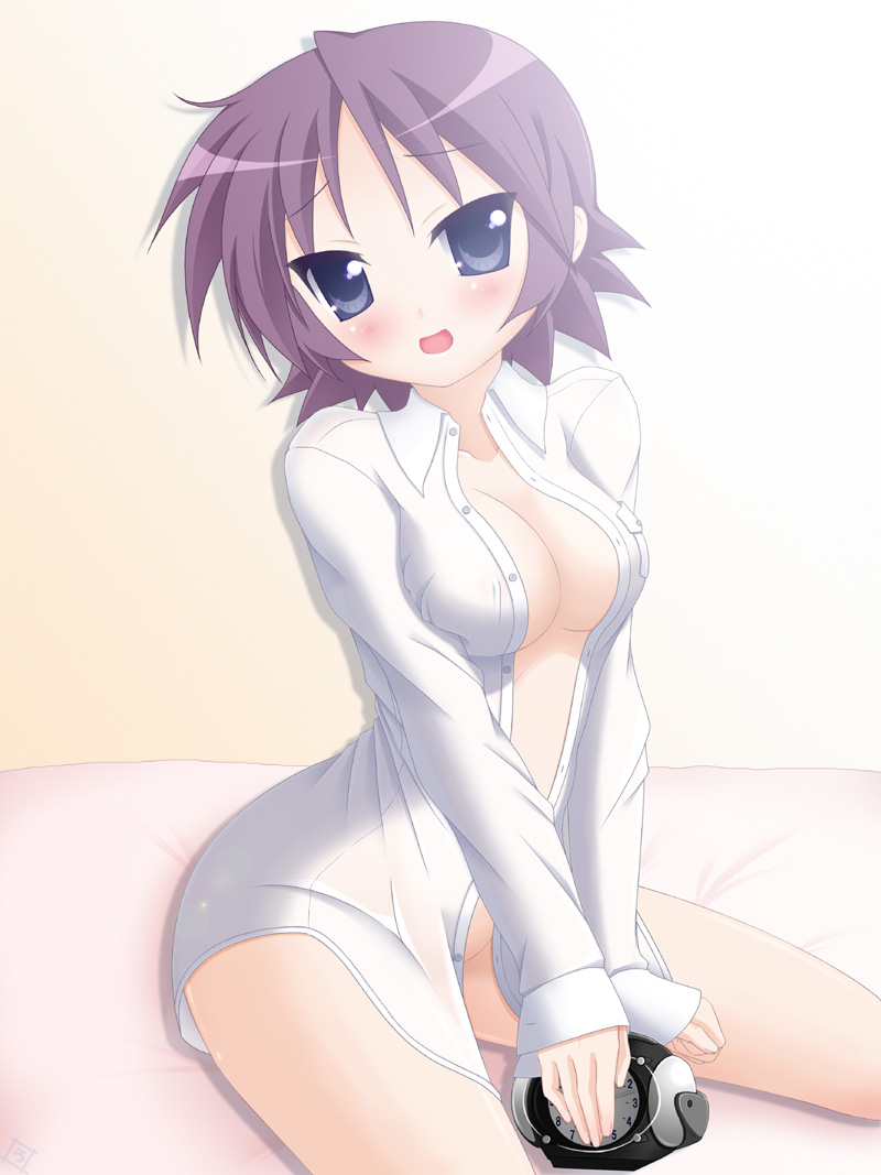 rodori gesu, hiiragi inori, lucky star, 00s, 1girl, alarm clock, blue eyes, blush, breasts, cleavage, clock, female focus, large breasts, no bra, no panties, open clothes, open shirt, purple hair, shirt, short hair, solo