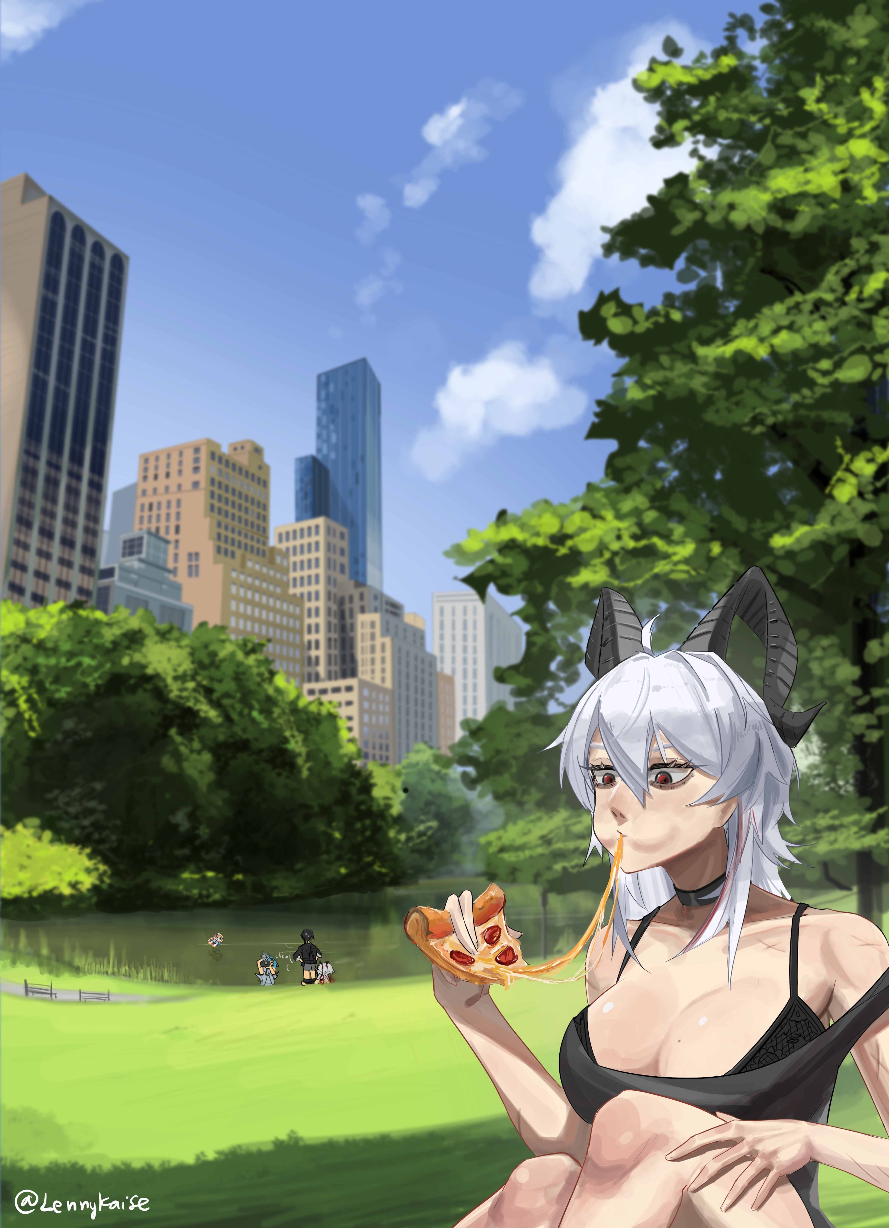 lennykaise, camellya (wuthering waves), cartethyia (wuthering waves), male rover (wuthering waves), rover (wuthering waves), shorekeeper (wuthering waves), zani (wuthering waves), wuthering waves, absurdres, commentary, english commentary, highres, 1boy, 4girls, ahoge, black bra, black choker, black horns, blue sky, bra, breasts, cheese, cheese trail, choker, city, curled horns, day, eating, food, grey hair, grey shirt, hair between eyes, hand on own knee, holding, holding food, holding pizza, horns, knees up, large breasts, long hair, multicolored hair, multiple girls, outdoors, pizza, red eyes, shirt, sitting, sky, solo focus, strap slip, streaked hair, twitter username, underwear