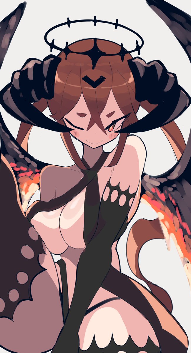 akisas99, original, highres, 1girl, ;), black gloves, black halo, black horns, black thighhighs, breasts, brown hair, crossed bangs, demon girl, demon horns, demon wings, gloves, hair between eyes, halo, horns, long hair, looking at viewer, one eye closed, orange eyes, orange hair, simple background, smile, solo, tail, thick eyebrows, thighhighs, twintails, very long hair, white background, wings