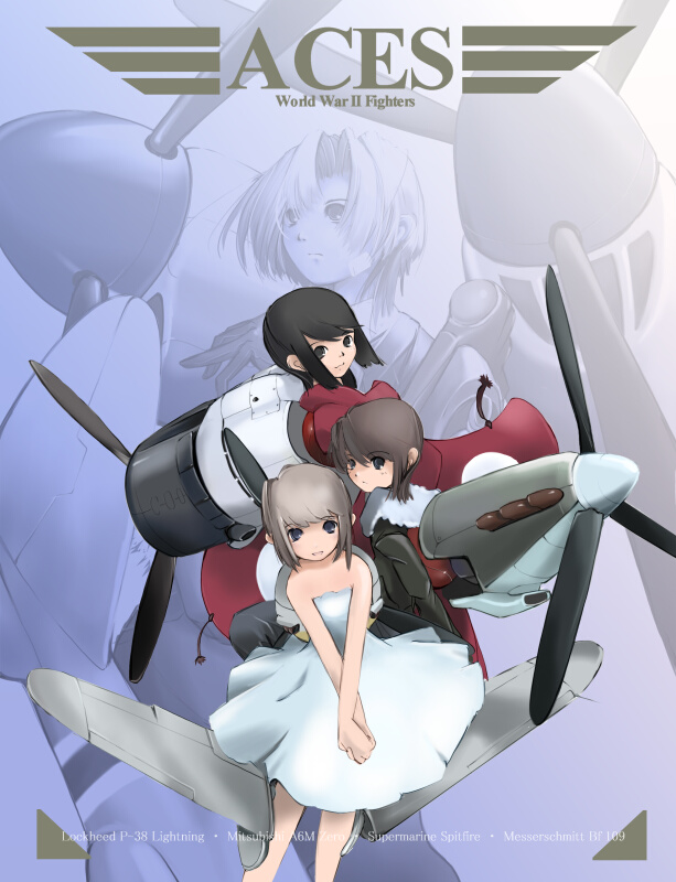nano (nanosize), a6m zero, p-38 lightning, supermarine spitfire, original, 4girls, aircraft, airplane, bf 109, black hair, dress, everyone, jacket, mecha musume, military, multiple girls, short hair, world war ii