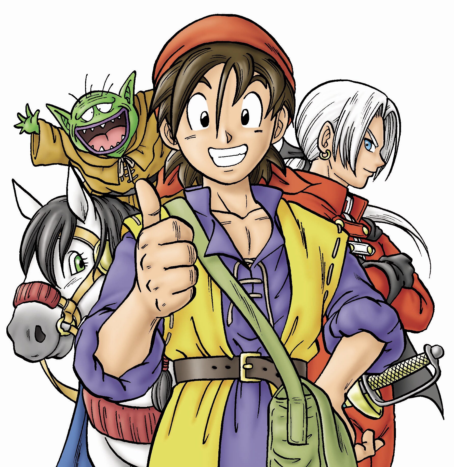 murakami yumiko, hero (dq8), kukuru (dq8), medea (dq8), medea (horse) (dq8), trode, dragon quest, dragon quest viii, commentary request, highres, official art, 1girl, 3boys, bag, bandana, black bow, black eyes, black gloves, blue eyes, blue shirt, bow, brown hair, brown robe, capelet, collarbone, colored skin, cowboy shot, crossed arms, gloves, green bag, green eyes, green skin, grin, hair bow, hand on own hip, horse, looking at viewer, looking to the side, low ponytail, multiple boys, pants, pointy ears, ponytail, profile, purple lips, red bandana, red capelet, red pants, red shirt, robe, sharp teeth, shirt, short hair, shoulder bag, smile, sword, teeth, thumbs up, toriyama akira (style), upper body, vest, weapon, white background, white hair, wrinkled skin, yellow vest