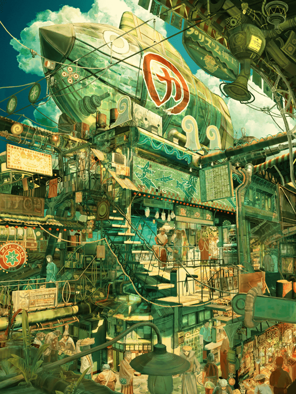teikoku shounen, light, copyright request, absurdly detailed composition, cloud, complex exterior, scenery, shop, sign, sky, stairs