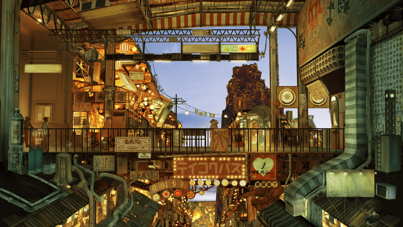 teikoku shounen, bag, bridge, building, city, cityscape, day, house, industrial pipe, japanese clothes, kimono, ladder, lantern, rooftop, scenery, sign, sky