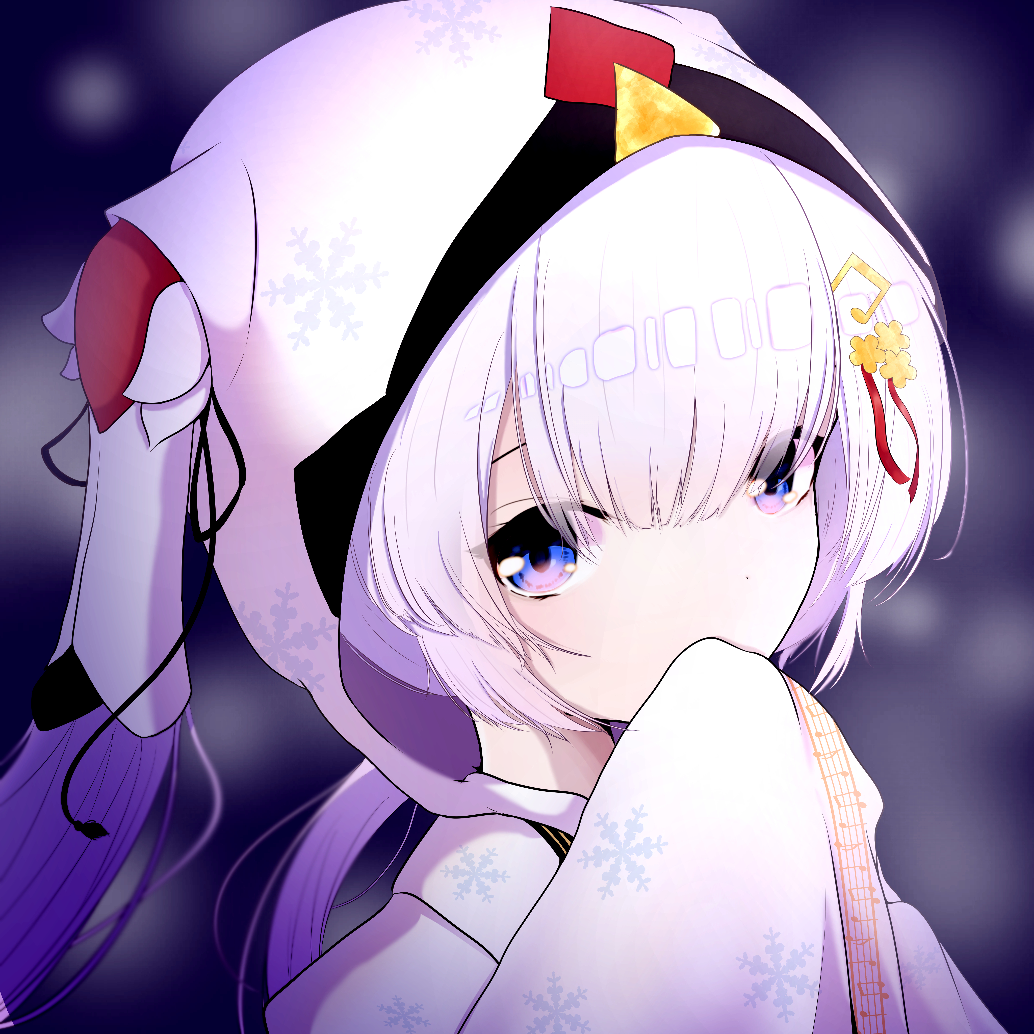 misho39, hatsune miku, yuki miku, yuki miku (2018), vocaloid, absurdres, highres, 1girl, blue eyes, chihaya (clothing), covering own mouth, fortissimo, hair between eyes, hair ornament, japanese clothes, long hair, long sleeves, looking at viewer, miko, musical note, musical note hair ornament, musical note print, musical staff, musical staff print, official alternate costume, official alternate hairstyle, sleeves past wrists, snowflake print, solo, twintails, white hair