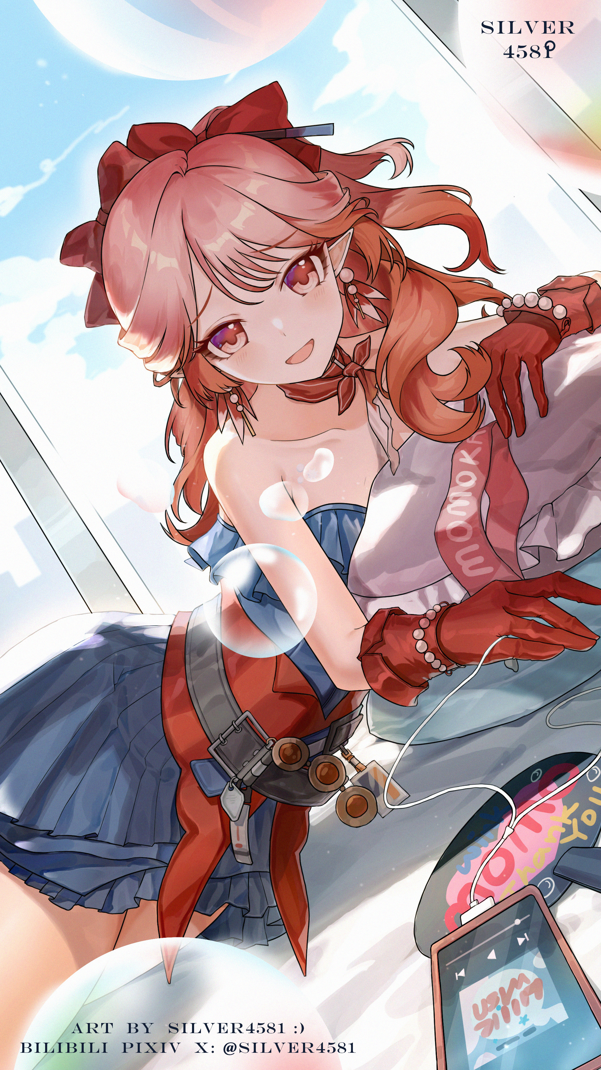 silver4581, haruka (arknights), arknights, absurdres, highres, 1girl, artist name, bare shoulders, belt, blue dress, bow, bracelet, bubble, cellphone, day, dress, earrings, english text, gloves, hair bow, hair ornament, hair stick, jewelry, long hair, looking at viewer, lying, official alternate costume, open mouth, orange hair, pearl bracelet, pearl earrings, phone, pillow, pink hair, red eyes, red gloves, smartphone, smile, solo, strapless, strapless dress, virtual youtuber, window