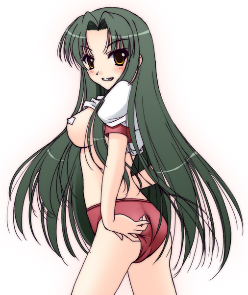 narutaki shin, tsuruya, suzumiya haruhi no yuuutsu, 00s, 1girl, adjusting buruma, adjusting clothes, ass, bandaid, bandaids on nipples, breasts, buruma, clothes lift, cowboy shot, female focus, from side, green hair, gym uniform, long hair, pasties, shirt lift, solo, underwear, very long hair