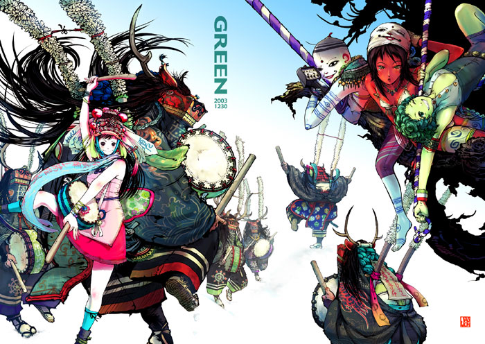 nagasawa shin, original, 3girls, ;d, arm up, armlet, armpits, bald, bare shoulders, bikini, bikini top only, black hair, blush, bracelet, brown eyes, clenched hand, closed mouth, colored skin, creature, curly hair, dress, drum, drumsticks, festival, full body, geta, green eyes, grin, hat, instrument, jewelry, long hair, looking at viewer, mask, multiple girls, music, one eye closed, open mouth, playing instrument, raised fist, red skin, rope, short hair, smile, smoke, sweatband, swimsuit, tabi, tassel, tattoo, toes, very long hair, white dress, white skin