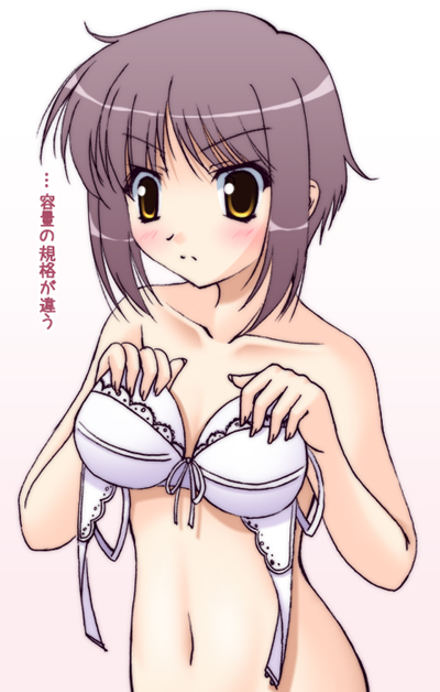narutaki shin, nagato yuki, suzumiya haruhi no yuuutsu, translated, 00s, blush, bra, lingerie, purple hair, short hair, underwear, yellow eyes