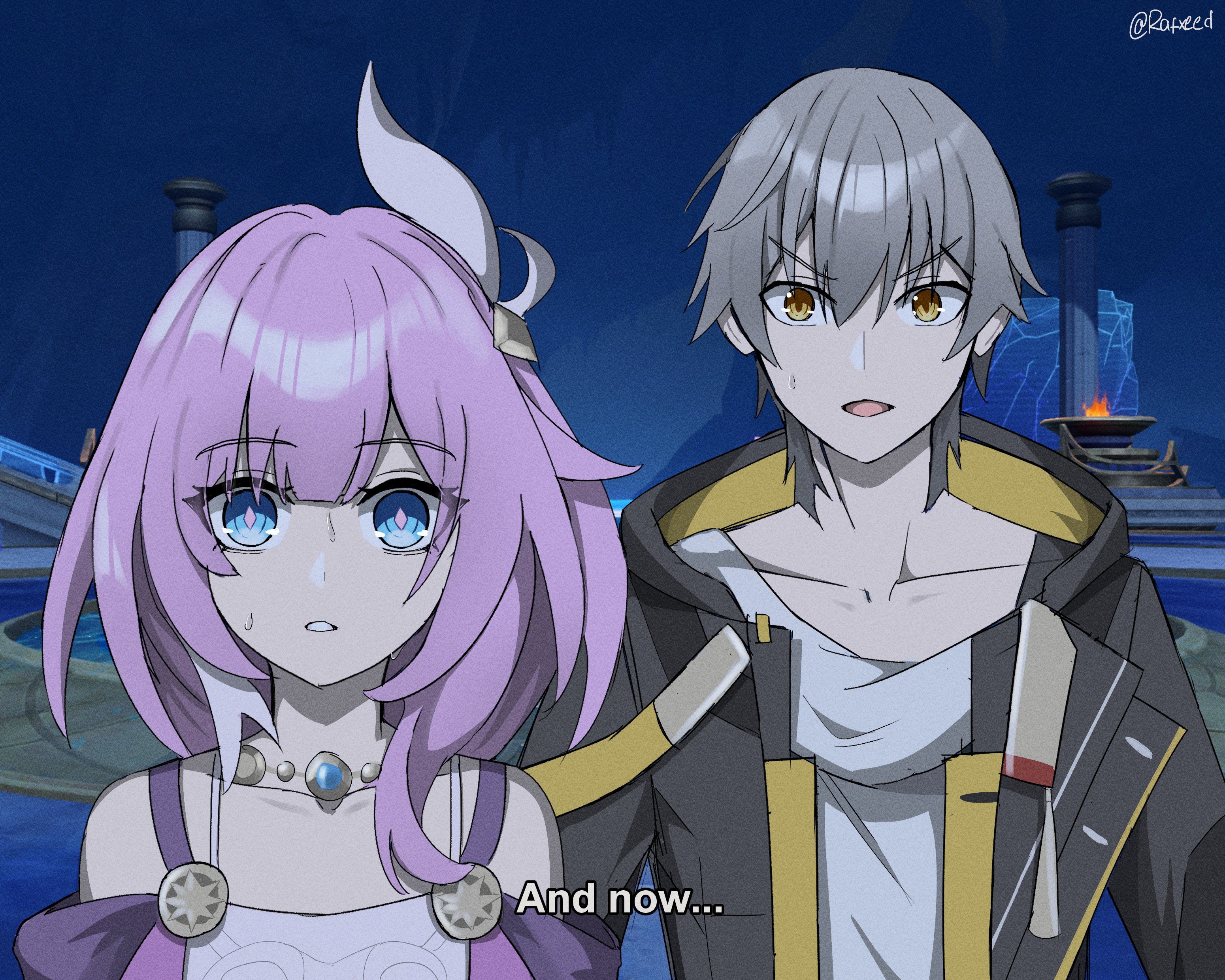 rafxeed, caelus (honkai: star rail), cyrene (honkai: star rail), trailblazer (honkai: star rail), honkai: star rail, honkai (series), absurdres, commentary, english commentary, highres, 1boy, 1girl, bare shoulders, black coat, blue eyes, breasts, coat, dress, english text, game screenshot background, grey hair, hair ornament, jewelry, multicolored hair, necklace, open mouth, parted lips, pink hair, purple coat, screenshot background, shirt, short hair, small breasts, twitter username, two-tone hair, white dress, white hair, white shirt, yellow eyes