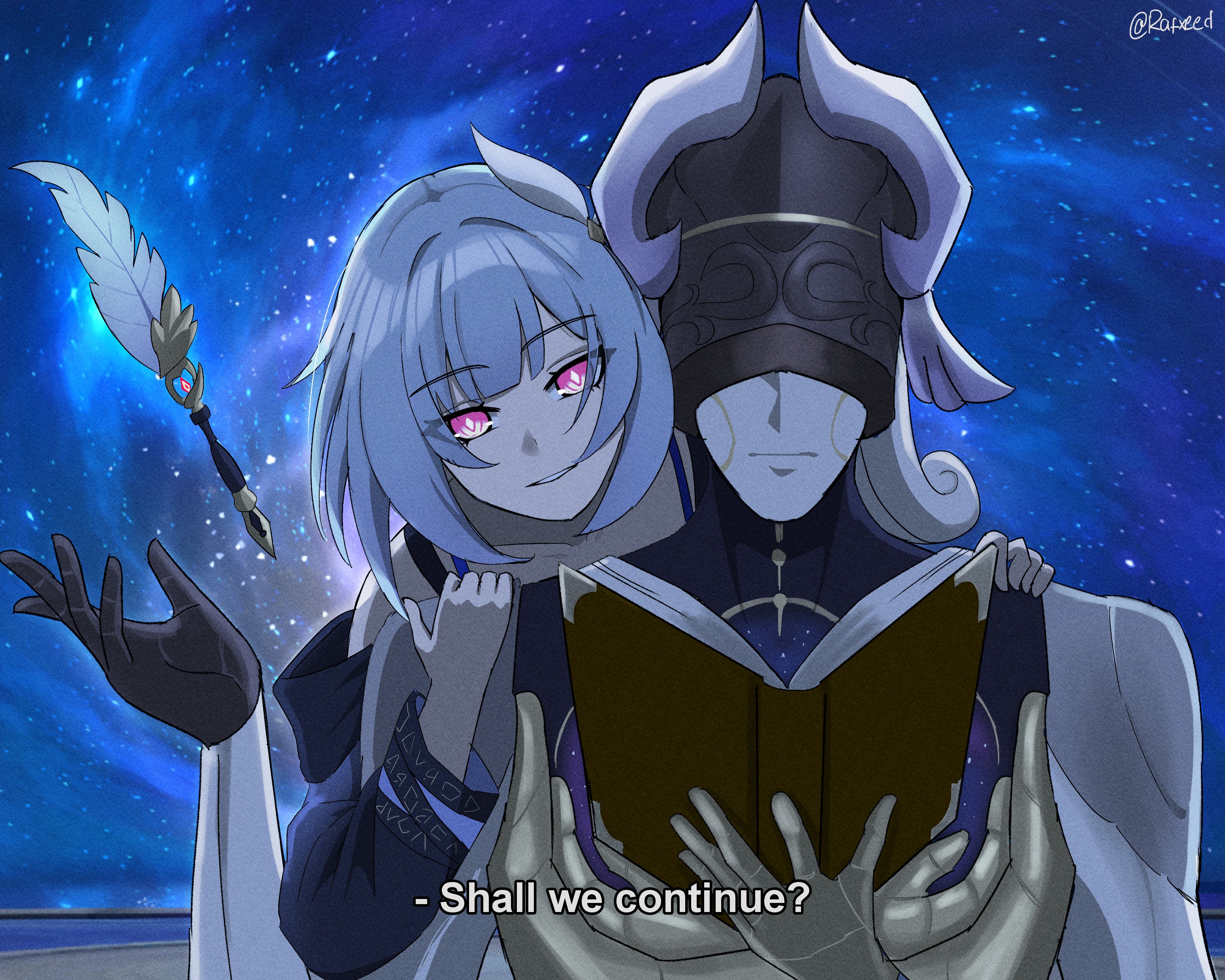 rafxeed, cyrene (honkai: star rail), herrscher of corruption, lygus (honkai: star rail), honkai: star rail, honkai (series), honkai impact 3rd, absurdres, commentary, english commentary, highres, 1boy, 1girl, blue coat, blue hair, book, coat, english text, game screenshot background, hair ornament, hand on another's shoulder, holding, holding book, open book, parted lips, purple eyes, quill, robot, screenshot background, short hair, twitter username