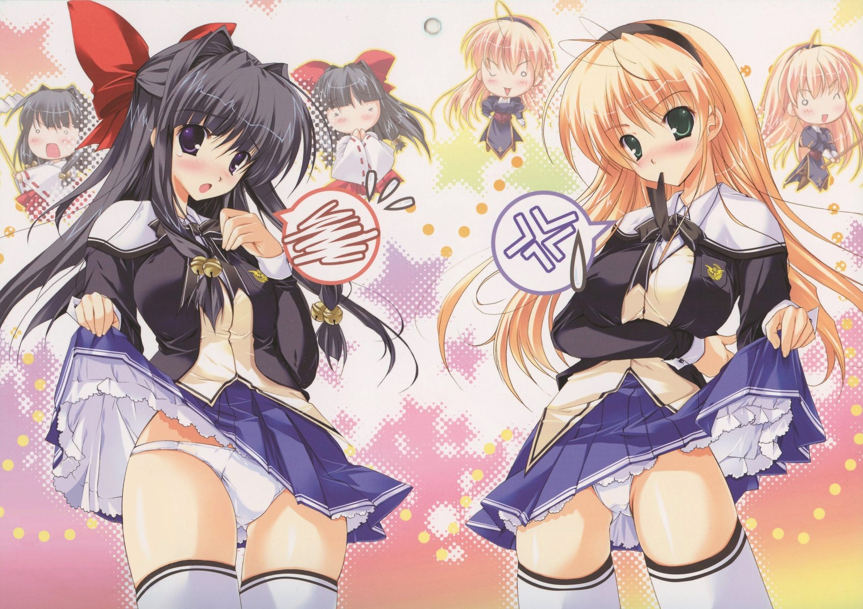 mikeou, seihouin erika, tsukimiya kaede, miraroma, pink chuchu, highres, 2girls, anger vein, bell, blonde hair, blue eyes, blush, bow, clothes lift, green eyes, hair bell, hair bow, hair ornament, hairband, itasha, jingle bell, long hair, moe (phrase), mouth hold, multiple girls, nose blush, panties, petticoat, school uniform, serafuku, skirt, skirt lift, spoken anger vein, spoken blush, thighhighs, underwear, upskirt, white panties