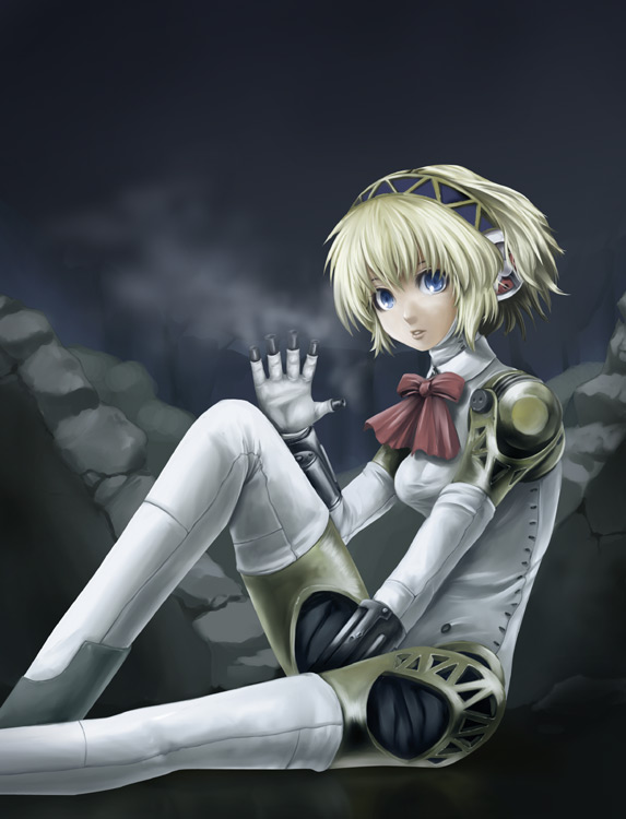 fujipo, aigis (persona), atlus, persona, persona 3, bad id, bad pixiv id, android, blue eyes, solo, waving
