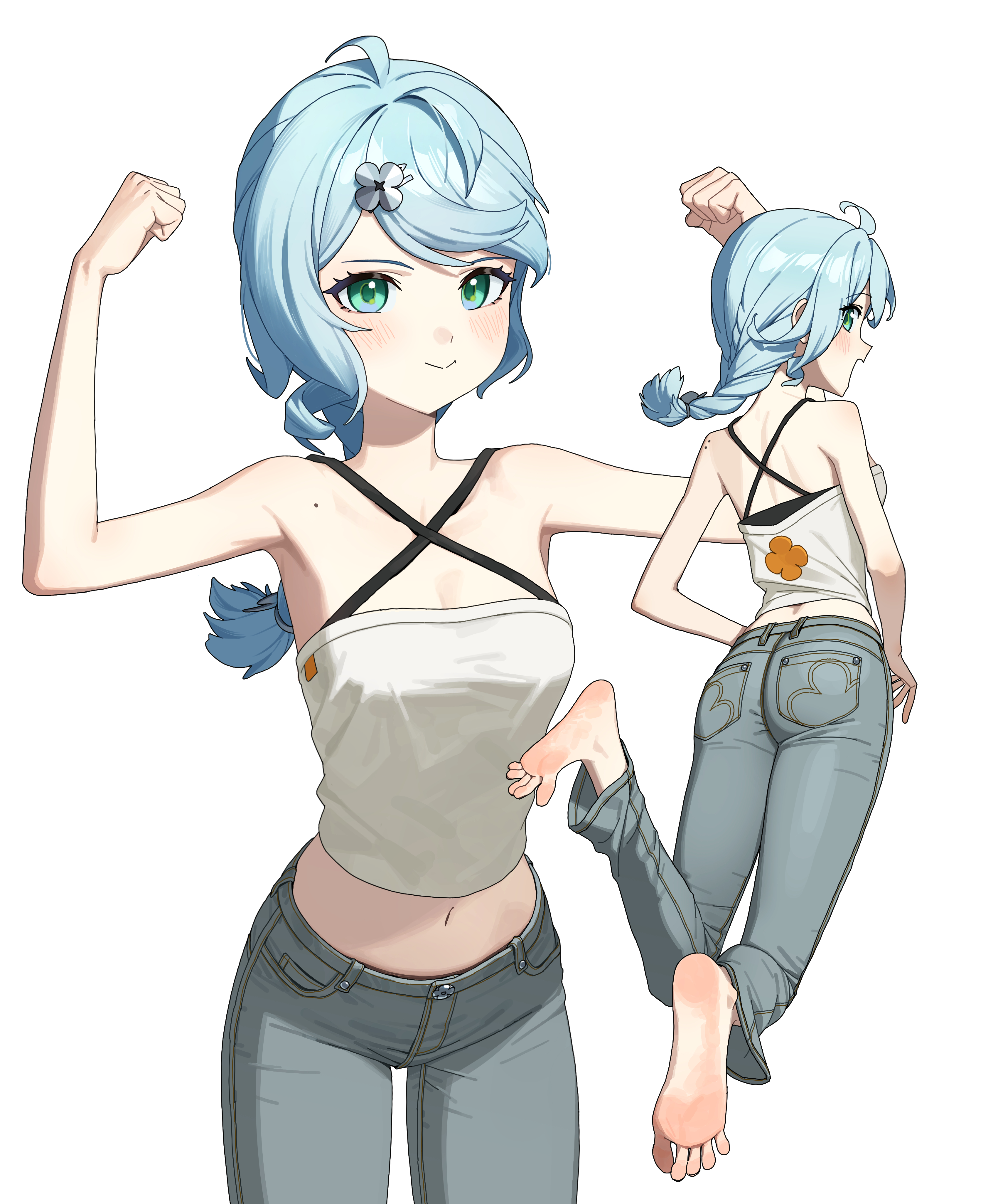b1026, seed (zenless zone zero), zenless zone zero, absurdres, commentary, highres, 1girl, ahoge, alternate costume, aqua eyes, arms up, ass, bare arms, bare shoulders, barefoot, blue hair, blush, breasts, cleavage, clenched hands, cowboy shot, criss-cross back-straps, criss-cross halter, crop top, grey pants, hair ornament, halterneck, long hair, looking at viewer, midriff, mole, mole on chest, multiple views, navel, pants, simple background, small breasts, smile, standing, stomach, white background