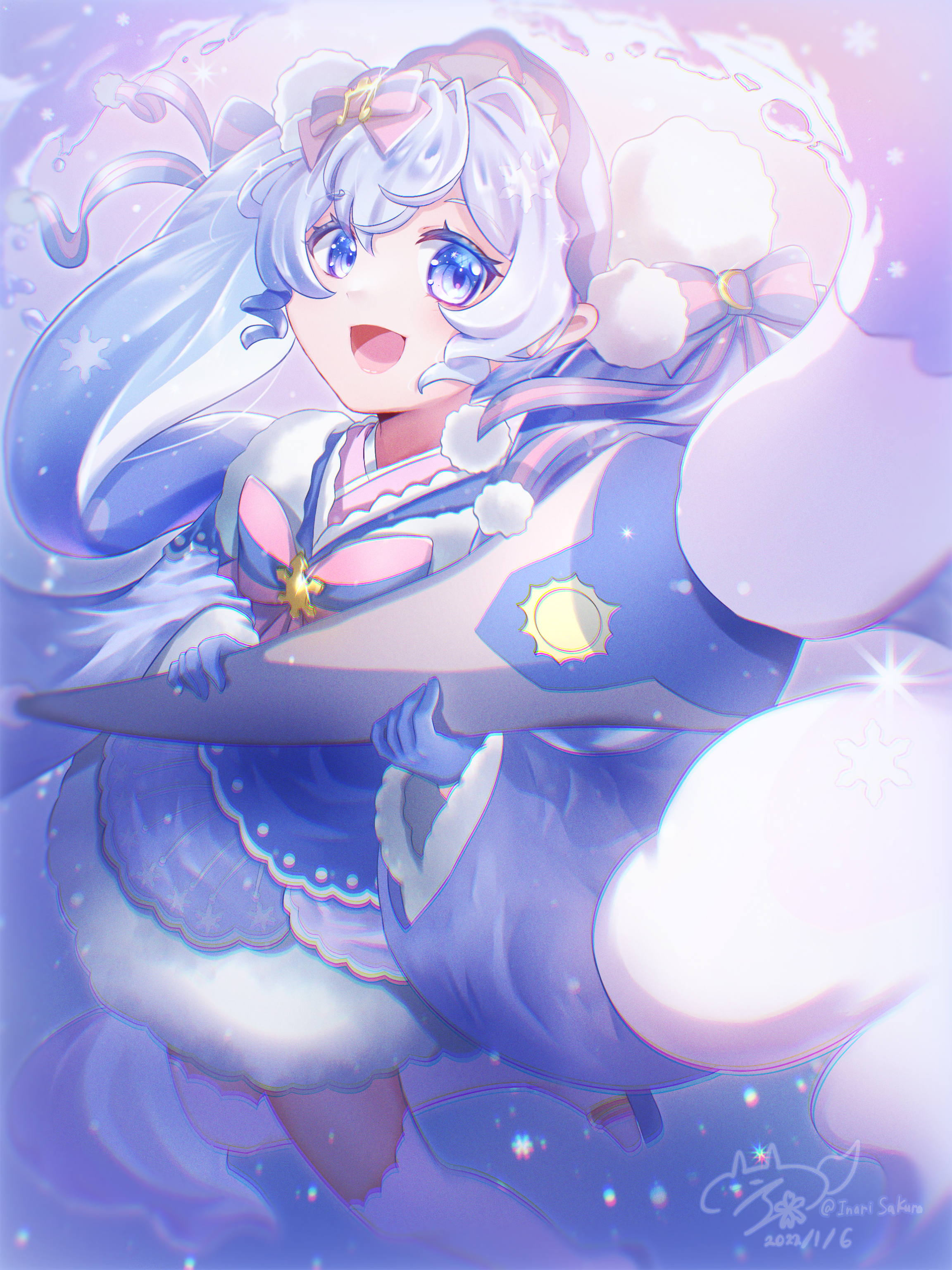 hatsune miku, yuki miku, yuki miku (2023), vocaloid, absurdres, highres, 1girl, aqua hair, blue eyes, blue gloves, bow, dawn, fortissimo, fur-trimmed kimono, fur-trimmed sleeves, fur trim, giant brush, gloves, hair between eyes, hair bow, hair ornament, holding, holding paintbrush, inarisakura, japanese clothes, kimono, long hair, long sleeves, looking at viewer, musical note, musical note hair ornament, official alternate costume, official alternate hairstyle, open mouth, paintbrush, pink thighhighs, pom pom (clothes), smile, snow, solo, thighhighs, twintails, two-tone bow, very long hair, wide sleeves