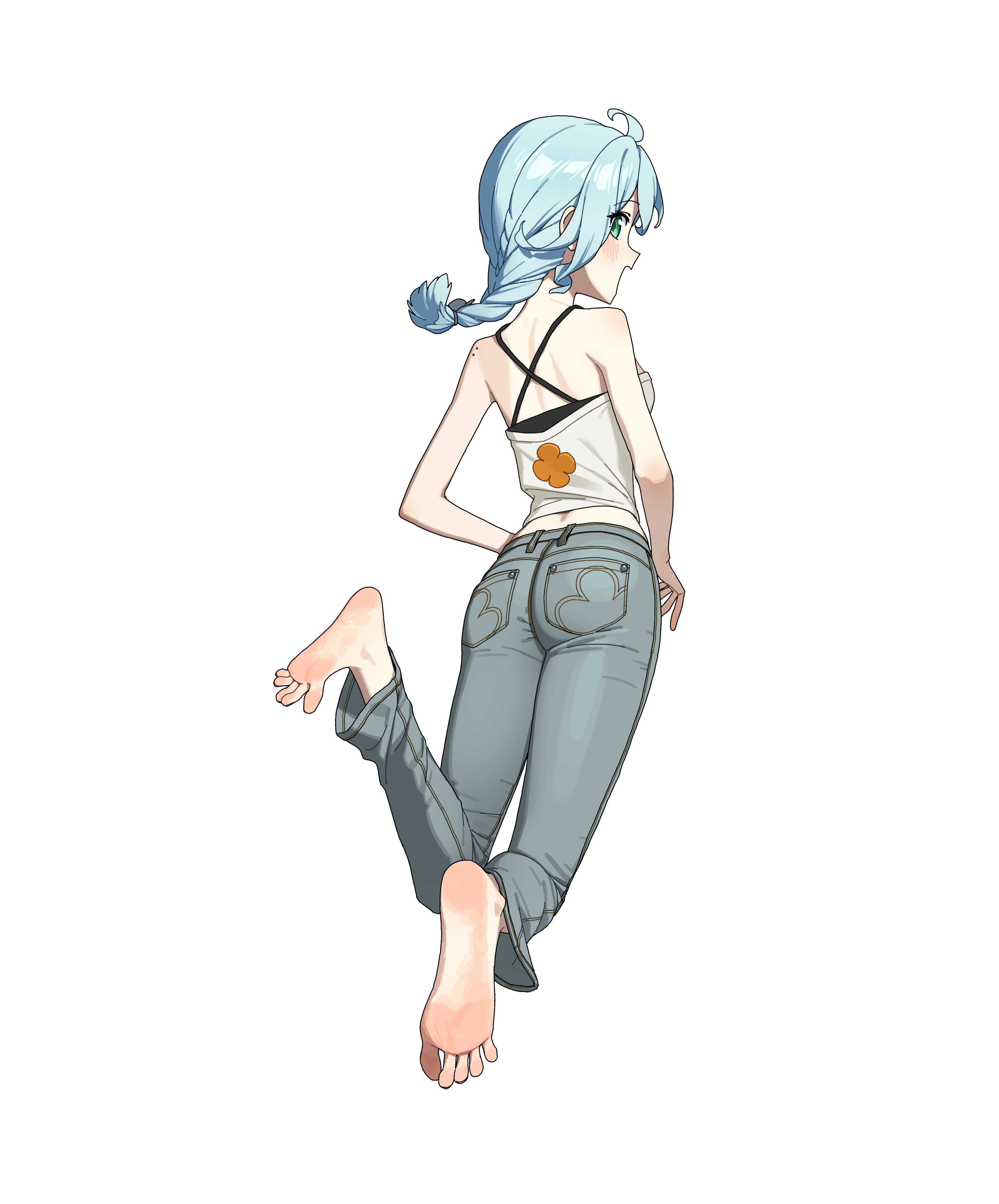 b1026, seed (zenless zone zero), zenless zone zero, absurdres, commentary, highres, 1girl, ahoge, alternate costume, aqua eyes, ass, bare arms, bare shoulders, barefoot, blue hair, criss-cross back-straps, feet, grey pants, long hair, midriff, pants, simple background, soles, solo, white background