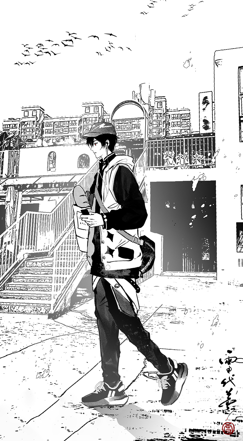 xuedaixun, ayn alwyn, lovebrush chronicles, chinese commentary, highres, 1boy, bag, baguette, baseball cap, bird, border, bread, building, casual, choker, clothes around waist, digital media player, drop shadow, earphones, expressionless, fanny pack, food, from side, full body, greyscale with colored background, grocery bag, hair between eyes, hat, holding, holding bag, holding digital media player, hood, hood down, hooded jacket, jacket, long sleeves, looking ahead, male focus, open clothes, open collar, open jacket, outdoors, outside border, pants, parted lips, pierced hat, profile, red background, red eyes, road, seal impression, shirt, shoes, shopping bag, short hair, simple background, sleeveless, sleeveless jacket, sneakers, solo, sparkle print, spot color, stairs, street, walking, white border