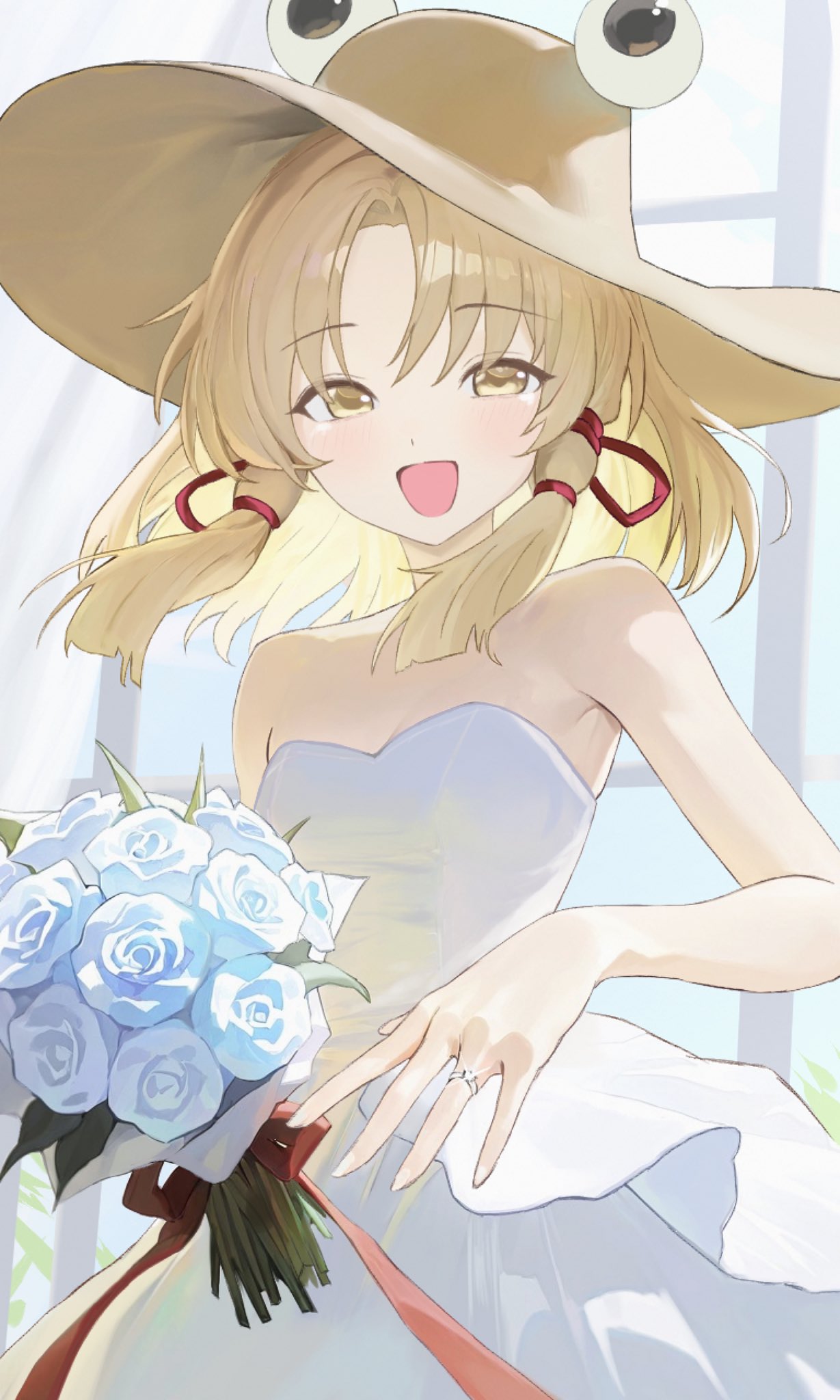 keyan art, moriya suwako, touhou, commentary, commission, highres, skeb commission, symbol-only commentary, 1girl, :d, alternate costume, backlighting, blonde hair, blue flower, blue rose, blunt ends, blush, bouquet, breasts, bride, brown hat, cleavage, cowboy shot, dress, floating hair, flower, glint, hair ribbon, happy, hat, holding, holding bouquet, jewelry, looking at viewer, medium hair, nail polish, open mouth, parted bangs, red ribbon, ribbon, ring, rose, sidelocks, small breasts, smile, solo, straight hair, strapless, strapless dress, tress ribbon, wedding dress, wedding ring, white dress, yellow eyes