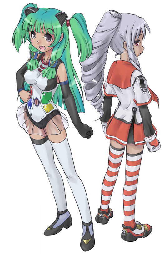 ugai yuichi, vista-tan, vistake, os-tan, dark-skinned female, dark skin, green hair, grey hair, long hair, ponytail, red eyes, ringlets, thighhighs, twintails