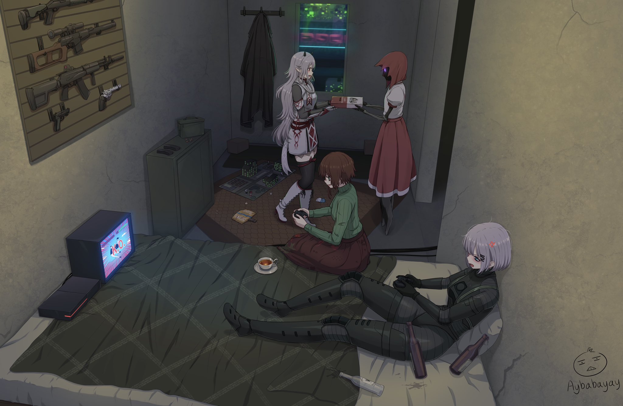 kasia (peripeteia), marie (peripeteia), nietzschka (peripeteia), original, peripeteia, commentary, commission, commissioner upload, english commentary, highres, weapon request, 4girls, ^ ^, alcohol, anger vein, artificial eye, artist logo, artist name, aybabayay, bag of chips, black bodysuit, bodysuit, bottle, closed eyes, clothes hanger, coat, commissioner insert, concrete, controller, crack, cracked wall, crt, cup, demon horns, diorama, fighting game, from above, game console, game controller, game over, gamepad, giving, glowing, glowing eyes, green sweater, grey hair, gun, hair ornament, hairclip, handgun, holding, holding controller, holding game controller, horns, indoors, k.o., logo, long hair, magazine (weapon), mattress, mechanical arms, mechanical eye, mechanical legs, multiple girls, perspective, playing games, reclining, rifle, robot girl, rug, sitting, spilled drink, sweater, tail, tea, teacup, trench coat, unworn coat, vanishing point, very long hair, vodka, weapon, weapon rack, wide shot, window