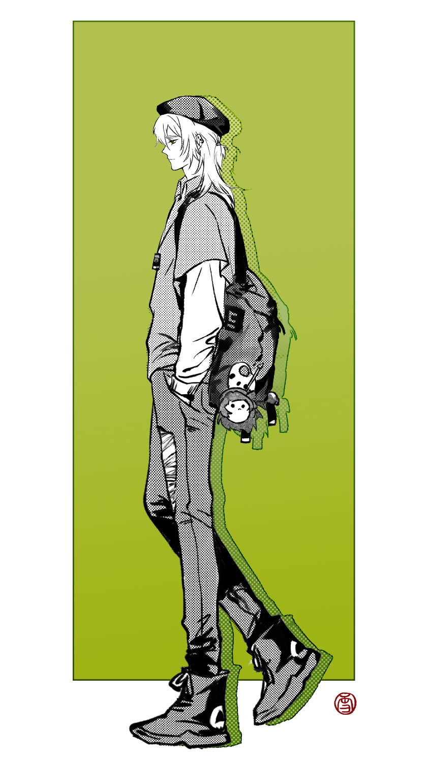 xuedaixun, alkaid mcgrath, lovebrush chronicles, chinese commentary, highres, 1boy, ankle boots, backpack, bag, bag charm, beret, boots, border, casual, charm (object), closed mouth, collared shirt, drop shadow, from side, full body, green background, green eyes, greyscale with colored background, hair between eyes, half updo, hands in pockets, hat, jewelry, layered sleeves, light smile, long sleeves, looking ahead, male focus, medium hair, outside border, pants, pendant, profile, seal impression, shirt, short over long sleeves, short sleeves, simple background, solo, spot color, torn clothes, torn pants, walking, white border