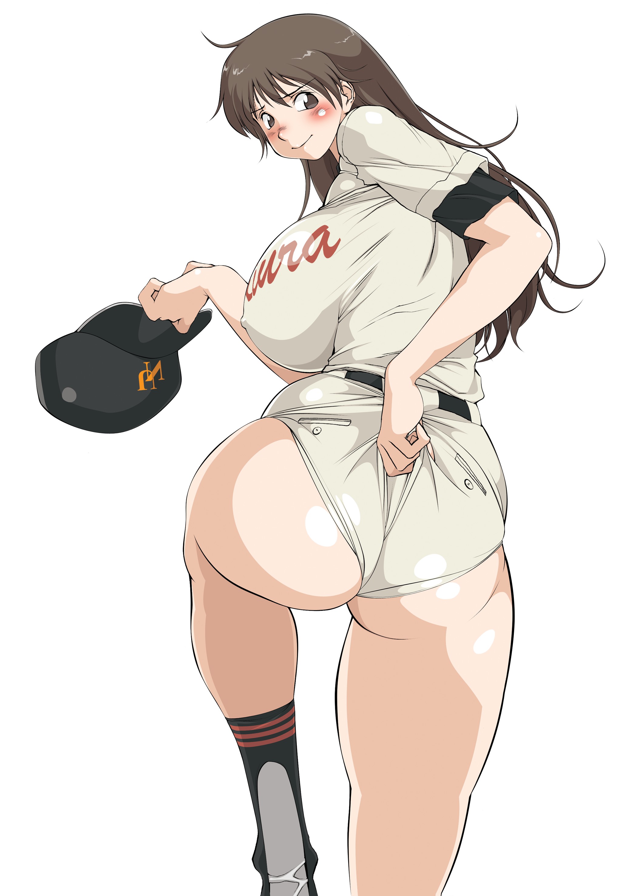 tokisaka mugi, momoe maria, ookiku furikabutte, absurdres, anime screenshot, highres, 00s, 1girl, ass, backboob, baseball, baseball cap, baseball uniform, blush, breasts, brown eyes, brown hair, clothes writing, covered erect nipples, female focus, from behind, hat, huge ass, huge breasts, long hair, looking back, no panties, plump, simple background, socks, solo, sportswear, wedgie