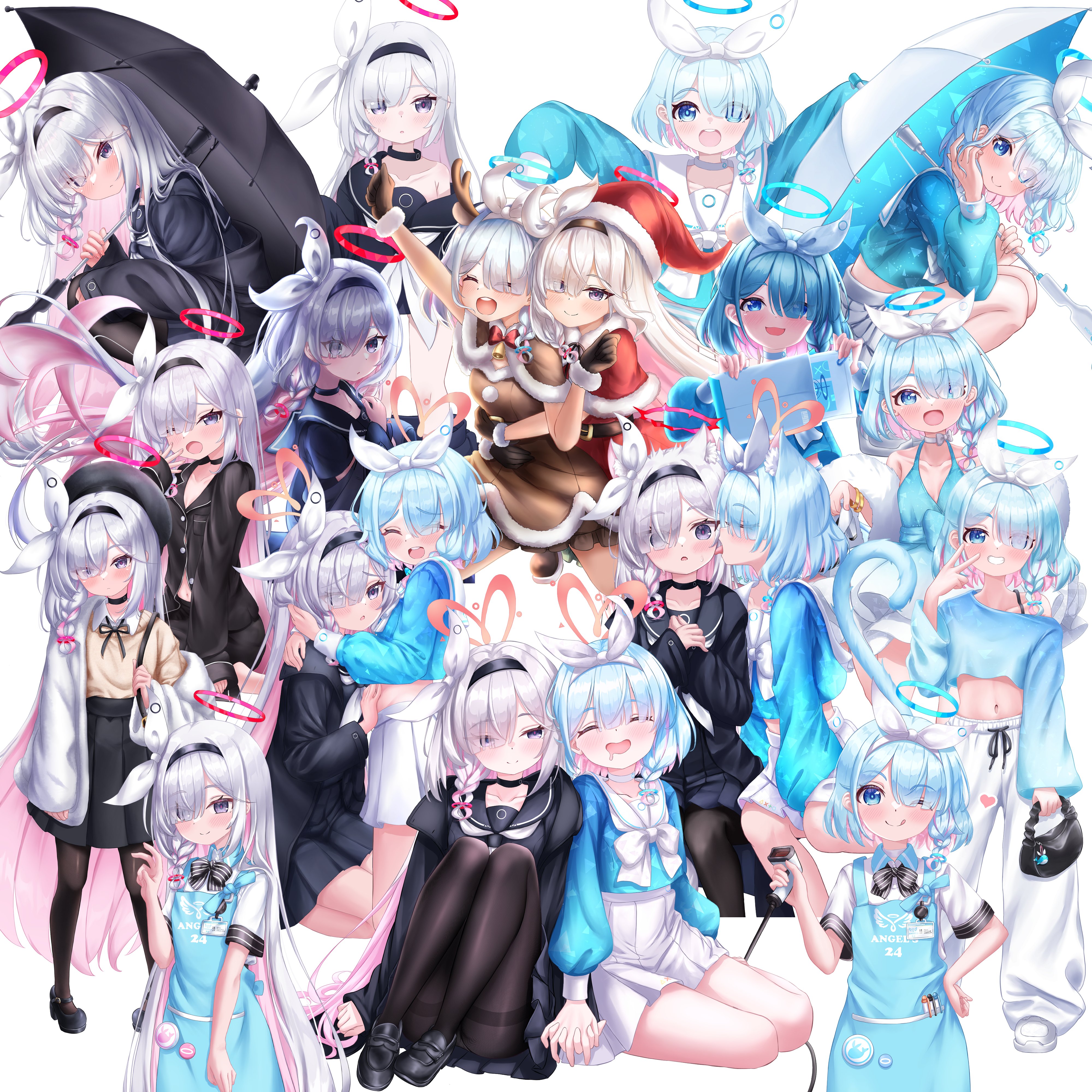 kuma piv, arona (blue archive), plana (blue archive), blue archive, absurdres, commentary request, highres, 2girls, :o, :q, ^ ^, apron, armpit crease, bag, barcode scanner, bare shoulders, black bag, black bow, black bowtie, black choker, black dress, black gloves, black hairband, black hat, black pantyhose, black shirt, black shoes, black skirt, black umbrella, blue apron, blue dress, blue eyes, blue hair, blue shirt, blush, bow, bowtie, braid, breasts, breasts apart, choker, closed eyes, collarbone, collared shirt, colored inner hair, drawstring, dress, drooling, envelope, eyes visible through hair, fake antlers, fingernails, fur-trimmed dress, fur-trimmed gloves, fur trim, gloves, grey eyes, grey hair, grin, hair over one eye, hairband, halo, handbag, hat, heart, holding, holding bag, holding barcode scanner, holding envelope, holding hands, holding umbrella, hug, interlocked fingers, licking, licking another's cheek, licking another's face, long hair, looking at viewer, midriff, mouth drool, multicolored hair, multiple girls, multiple views, navel, open mouth, own hands together, pants, pantyhose, parted lips, pink hair, pleated skirt, red bow, red bowtie, red dress, red halo, red hat, red pupils, santa costume, shirt, shoes, simple background, single off shoulder, sitting, skirt, sleeves past fingers, sleeves past wrists, small sweatdrop, smile, squatting, standing, stomach, striped bow, striped bowtie, striped clothes, teeth, tongue, tongue out, umbrella, upper teeth only, v, very long hair, white background, white hairband, white pants, white shoes, white skirt, white umbrella