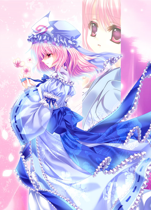 capura lin, saigyouji yuyuko, touhou, 1girl, arm garter, blue dress, blush, dress, female focus, frills, from side, japanese clothes, kimono, long sleeves, looking afar, looking at viewer, multiple views, pink eyes, pink hair, profile, short hair, standing, wide sleeves