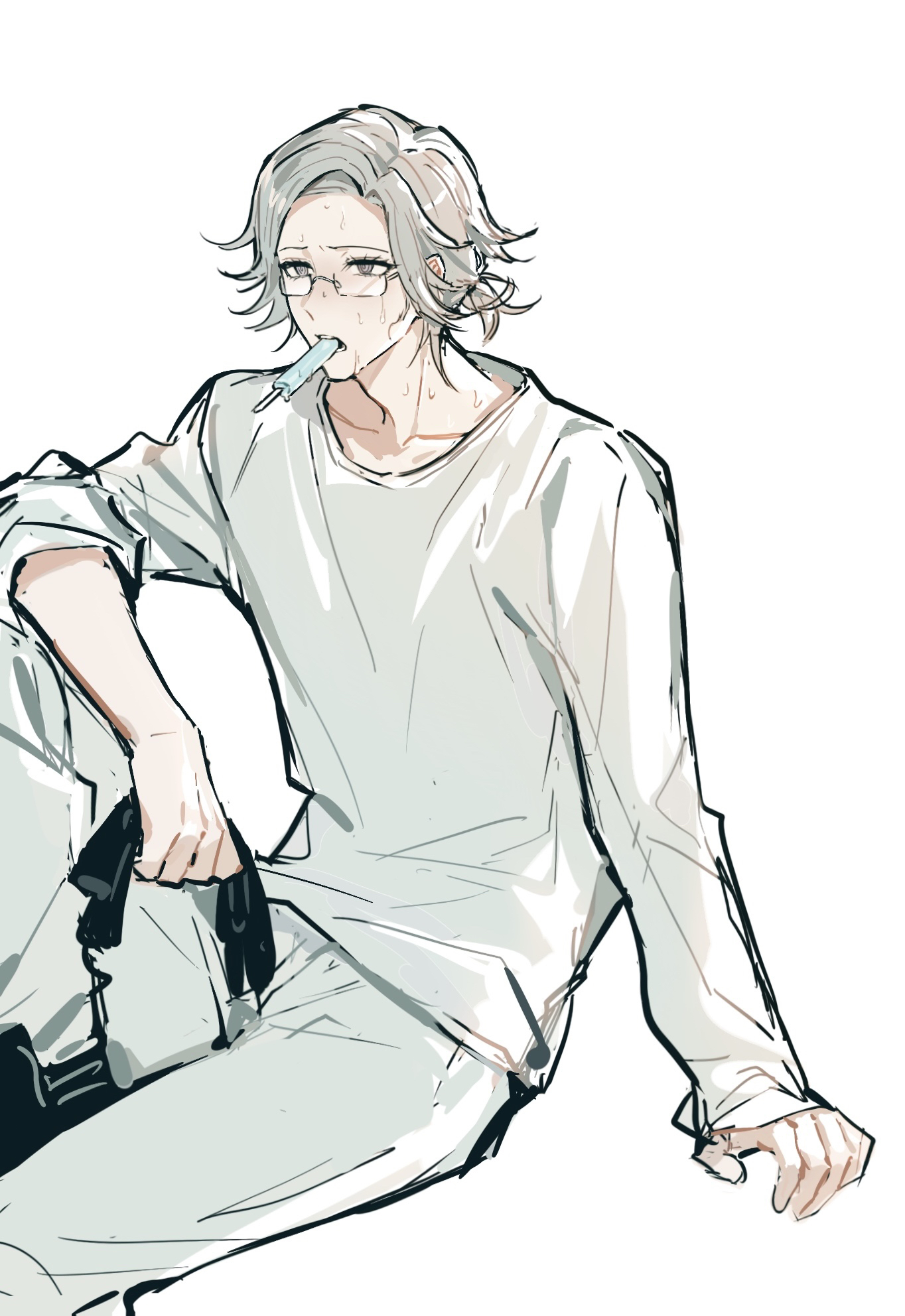 xiluo0207, aotsuki eito, the hundred line -last defense academy-, chinese commentary, commentary request, highres, 1boy, black gloves, collarbone, food, food in mouth, glasses, gloves, grey eyes, grey hair, holding, holding gloves, holding unworn clothes, hot, male focus, mouth hold, no jacket, pants, popsicle, popsicle in mouth, shirt, short hair, simple background, sitting, solo, sweat, unworn gloves, very sweaty, white background, white pants, white shirt