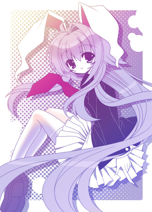 capura lin, reisen udongein inaba, touhou, 1girl, animal ears, female focus, from side, gradient background, halftone, long hair, miniskirt, outside border, purple background, purple theme, rabbit ears, sitting, skirt, solo, thighhighs, very long hair, white background, white thighhighs