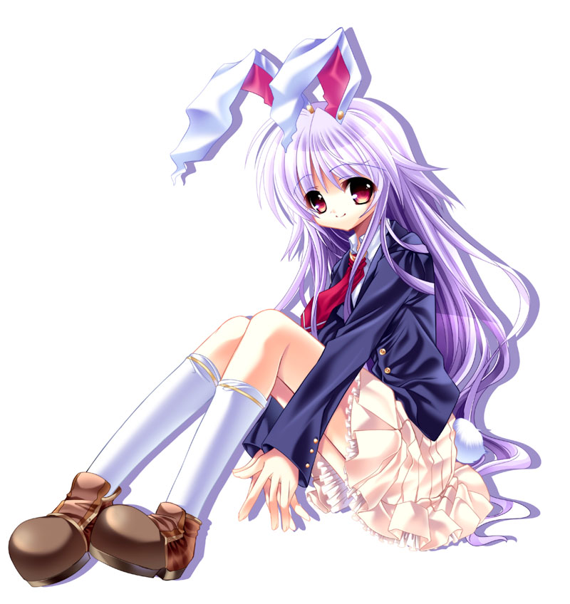 capura lin, reisen udongein inaba, touhou, 1girl, animal ears, brown shoes, female focus, full body, kneehighs, long hair, miniskirt, necktie, own hands together, rabbit ears, rabbit girl, rabbit tail, red necktie, shoes, simple background, sitting, skirt, socks, solo, tail, very long hair, white background, white socks