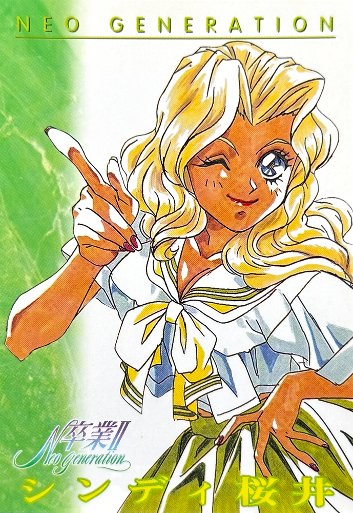 takei masaki, cindy sakurai, graduation (series), marker (medium), non-web source, traditional media, 1990s (style), 1girl, blonde hair, blue eyes, breasts, cleavage, copyright name, dark-skinned female, dark skin, green skirt, hand on own hip, index finger raised, lipstick, long hair, looking at viewer, makeup, midriff peek, one eye closed, pleated skirt, red lips, retro artstyle, short sleeves, skirt, smile, solo, sotsugyou ii: neo generation, standing