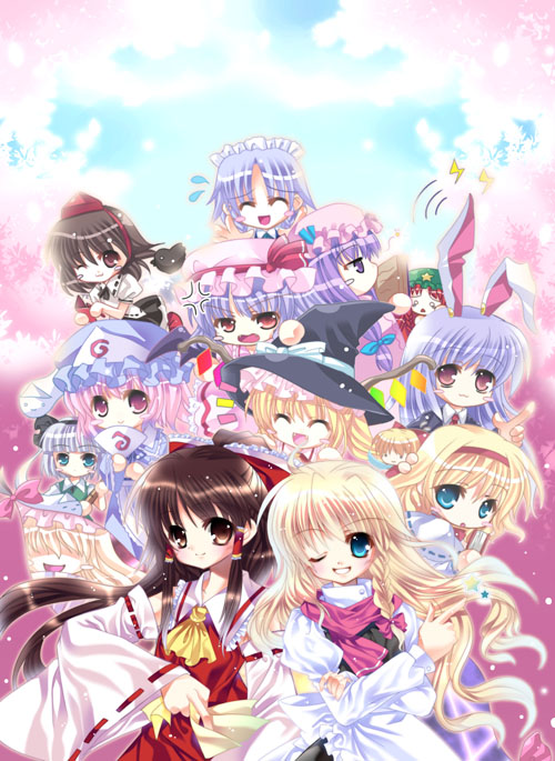 capura lin, alice margatroid, flandre scarlet, hakurei reimu, hong meiling, izayoi sakuya, kirisame marisa, konpaku youmu, konpaku youmu (ghost), patchouli knowledge, reisen udongein inaba, remilia scarlet, saigyouji yuyuko, shameimaru aya, yakumo yukari, touhou, light purple hair, silver hair, 6+girls, :d, ;d, ^ ^, animal ears, apron, ascot, black hair, blonde hair, blush, bow, brown eyes, brown hair, closed eyes, detached sleeves, dress, female focus, floating, frills, ghost, grin, hair bobbles, hair bow, hair ornament, hairband, hat, long hair, long sleeves, looking at viewer, maid headdress, mob cap, multiple girls, one eye closed, open mouth, pink eyes, pink hair, puffy short sleeves, puffy sleeves, rabbit ears, red bow, red eyes, scarf, short sleeves, sidelocks, smile, teeth, tokin hat, triangular headpiece, upper body, very long hair, waist apron, white dress, wings, witch hat