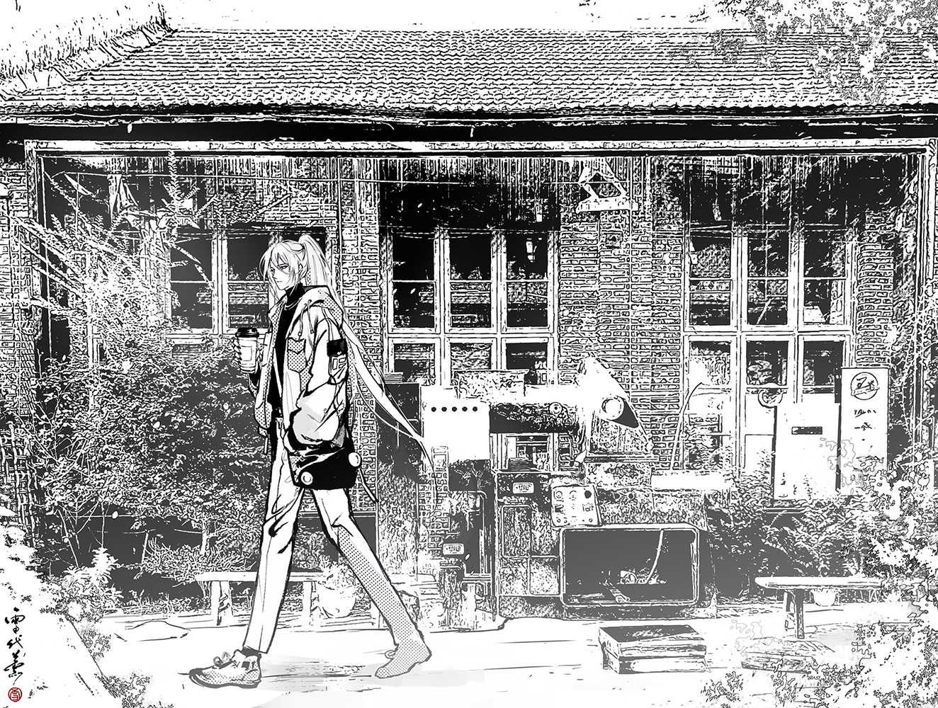 xuedaixun, cael anselm, lovebrush chronicles, chinese commentary, 1boy, arm at side, bag, belt, bench, breast pocket, building, casual, closed mouth, cross-laced shoes, cup, disposable cup, drawstring, expressionless, from side, full body, greyscale, hair between eyes, high ponytail, holding, holding cup, hood, hood down, hooded jacket, jacket, jewelry, long bangs, long hair, long sleeves, looking ahead, male focus, monochrome, nail polish, necklace, open clothes, open jacket, outdoors, pants, plant, pocket, ponytail, profile, purple eyes, seal impression, shirt, shirt tucked in, shoes, shoulder bag, socks, solo, spot color, storefront, tree, turtleneck, turtleneck shirt, very long hair, walking