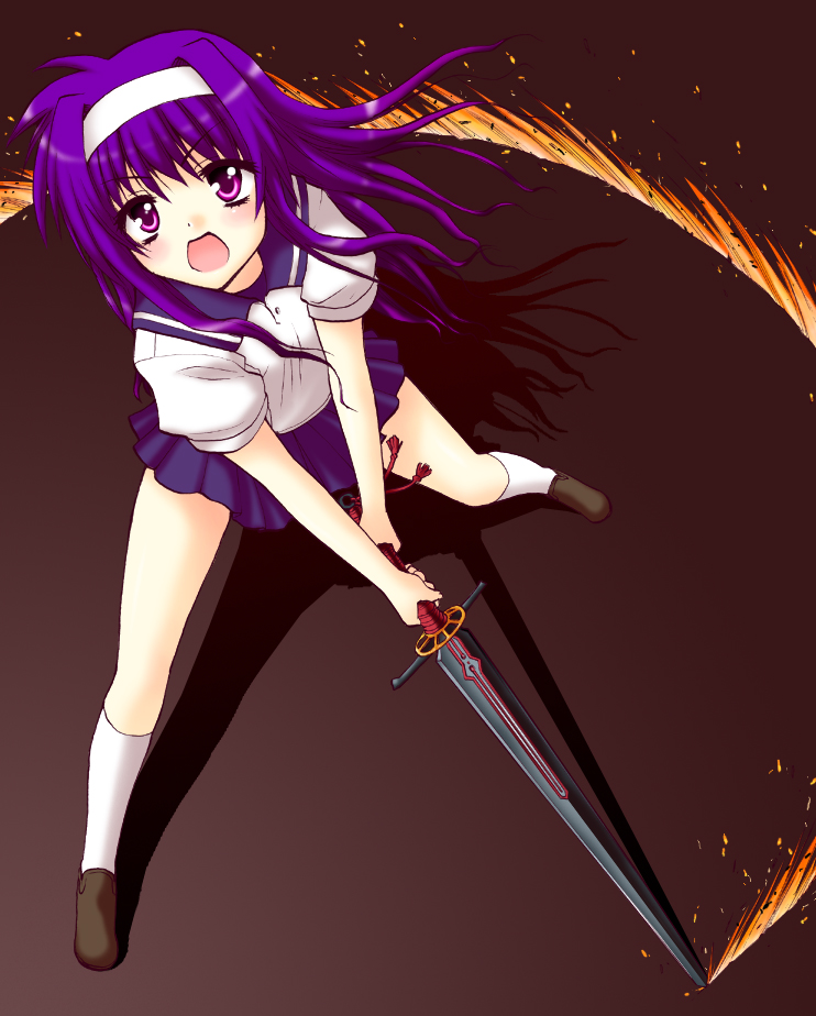 saki chisuzu, minagi mikoto, shimizu ai, tsukimura suzuka, lyrical nanoha, mahou shoujo lyrical nanoha, my-hime, borrowed weapon, long hair, parody, purple eyes, purple hair, school uniform, serafuku, solo, sword, voice actor connection, weapon