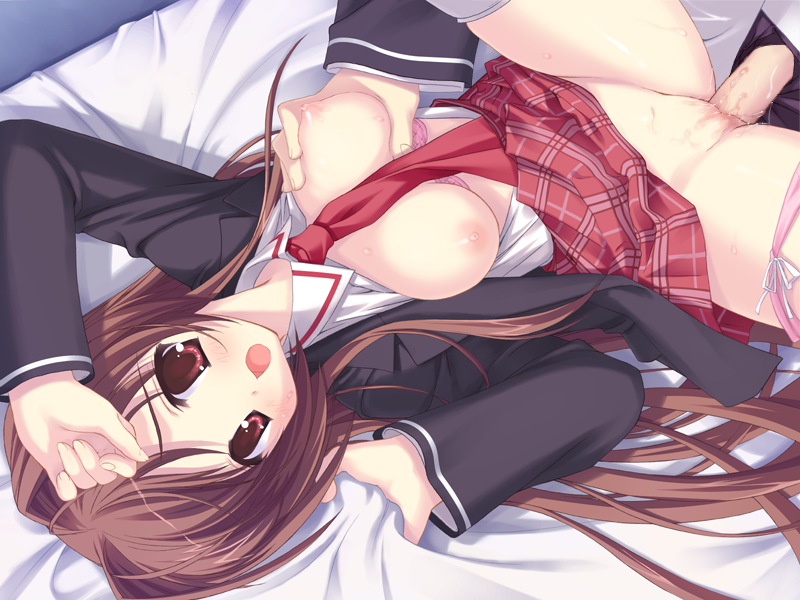 kobuichi, nakanoshima tae, bra-ban!, game cg, 1boy, 1girl, bed, bed sheet, blush, bow, bow panties, bra, bra pull, breasts, brown hair, clothed sex, clothes pull, grabbing another's breast, groping, hetero, long hair, lying, medium breasts, necktie, nipples, on back, open clothes, open shirt, panties, panties around leg, penis, pink bra, pink panties, school uniform, serafuku, sex, sheet grab, shirt, solo focus, uncensored, underwear, vaginal