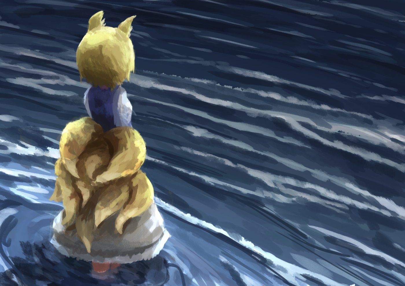 garakuraku, yakumo ran, touhou, commentary, 1girl, animal ears, blonde hair, blue tabard, dress, fox ears, fox tail, from behind, kitsune, multiple tails, no headwear, ripples, solo, tabard, tail, wading, water, white dress