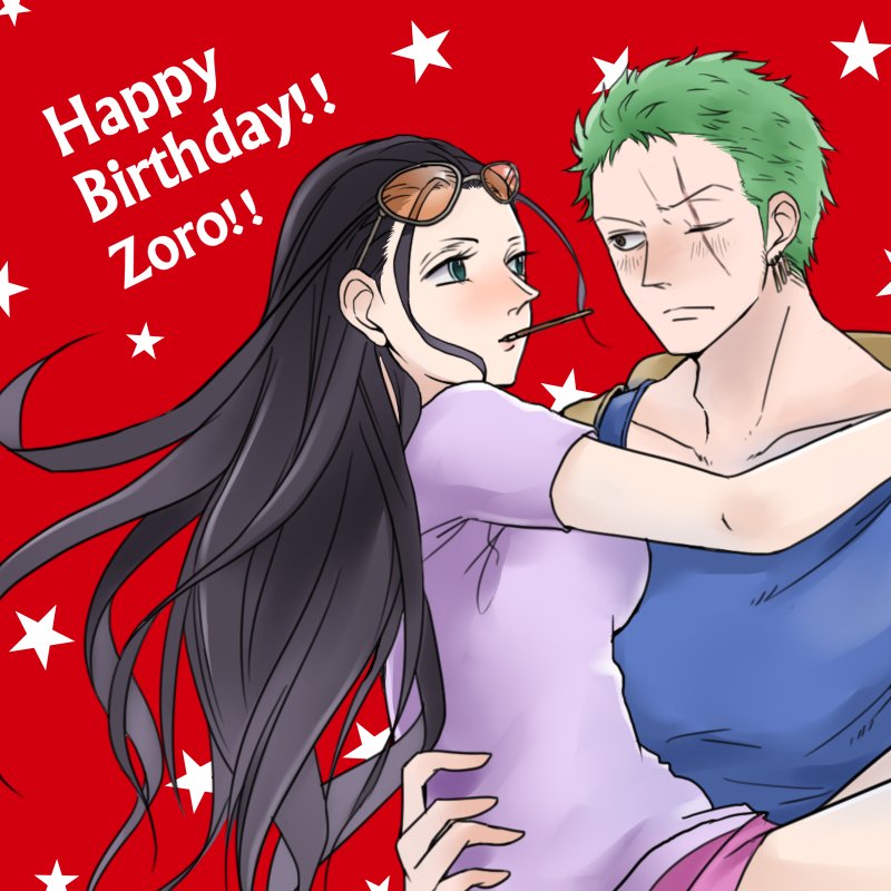 yuri kohi, nico robin, roronoa zoro, one piece, commentary request, 1boy, 1girl, black hair, blue eyes, blue shirt, blush, closed mouth, earrings, eyelashes, eyewear on head, green hair, happy birthday, jewelry, long hair, one eye closed, orange-tinted eyewear, red background, shirt, short hair, short sleeves, star (symbol), tinted eyewear