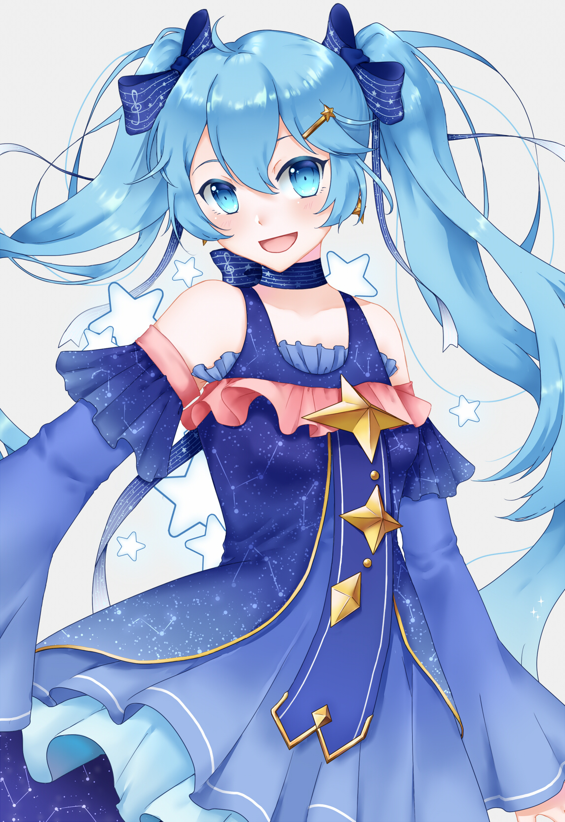 hatsune miku, yuki miku, yuki miku (2017), vocaloid, highres, 1girl, ahoge, blue dress, blush, bow, breasts, constellation print, dress, hair between eyes, hair bow, hair ornament, long hair, long sleeves, looking at viewer, mooni, official alternate costume, official alternate hairstyle, open mouth, sleeveless, sleeveless dress, small breasts, smile, solo, star (symbol), star hair ornament, twintails, white background, wide sleeves