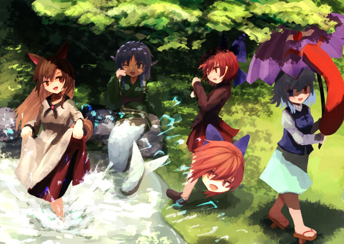 garakuraku, imaizumi kagerou, sekibanki, tatara kogasa, wakasagihime, touhou, commentary, 4girls, animal ears, blue eyes, blue hair, blue vest, bow, brown hair, disembodied head, dress, drill hair, drill sidelocks, fins, floating head, geta, green kimono, hair bow, head fins, heterochromia, holding, holding umbrella, japanese clothes, juliet sleeves, karakasa obake, kimono, long hair, long sleeves, mermaid, monster girl, multiple girls, one eye closed, open mouth, puffy sleeves, purple bow, purple umbrella, red eyes, red hair, red skirt, shade, short hair, sidelocks, skirt, skirt hold, smile, tail, umbrella, very long hair, vest, wading, water, white dress, wolf ears, wolf girl, wolf tail