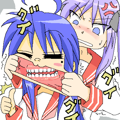 hiiragi kagami, izumi konata, lucky star, lowres, 00s, 2girls, :3, blue eyes, blue hair, fingersmile, mole, mole under eye, mouth pull, multiple girls, oekaki, purple hair, school uniform, serafuku, thumbs up, what