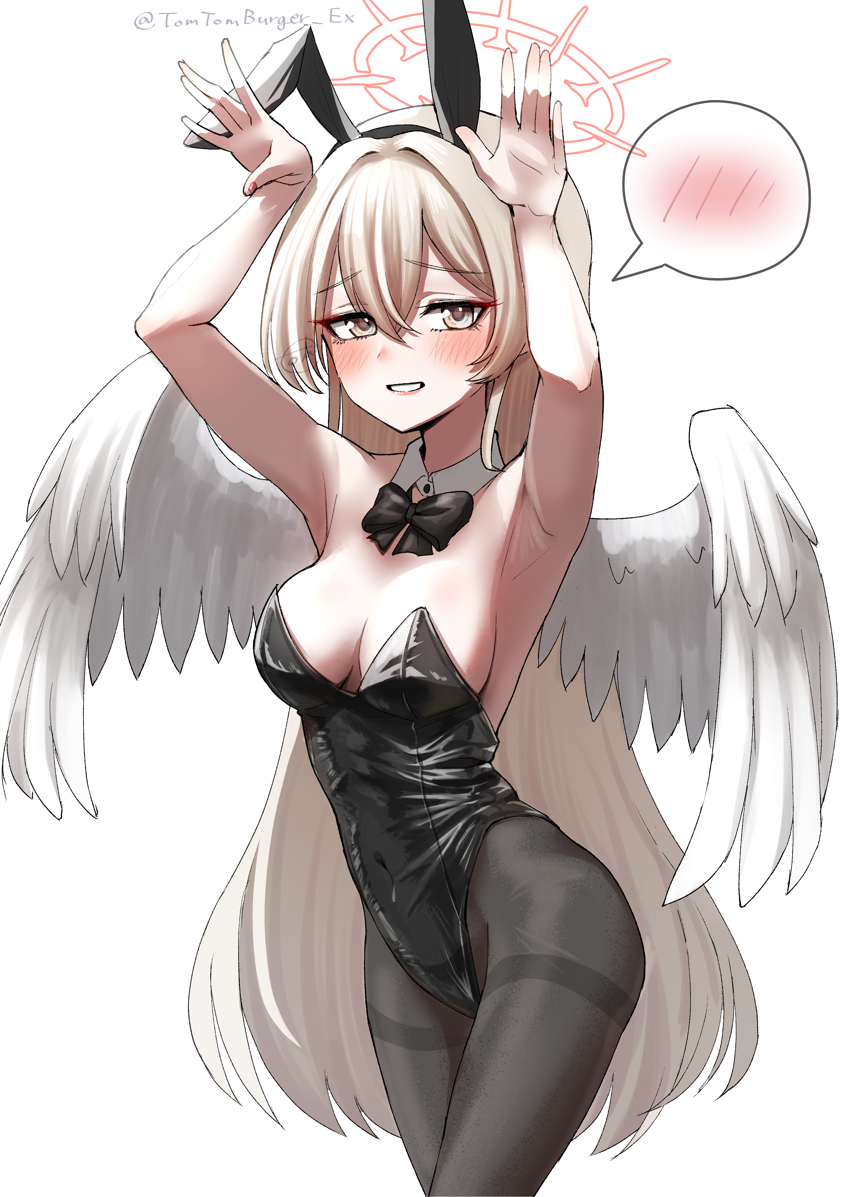 poke doll, nagisa (blue archive), blue archive, absurdres, highres, 1girl, angel wings, animal ear hairband, animal ears, black bow, black bowtie, black leotard, black pantyhose, bow, bowtie, breasts, cleavage, cross halo, detached collar, fake animal ears, feathered wings, hairband, halo, leotard, long hair, looking at viewer, medium breasts, pantyhose, pink hair, pink halo, playboy bunny, rabbit ears, rabbit pose, simple background, solo, spoken blush, strapless, strapless leotard, thighband pantyhose, white background, white wings, wings, yellow eyes