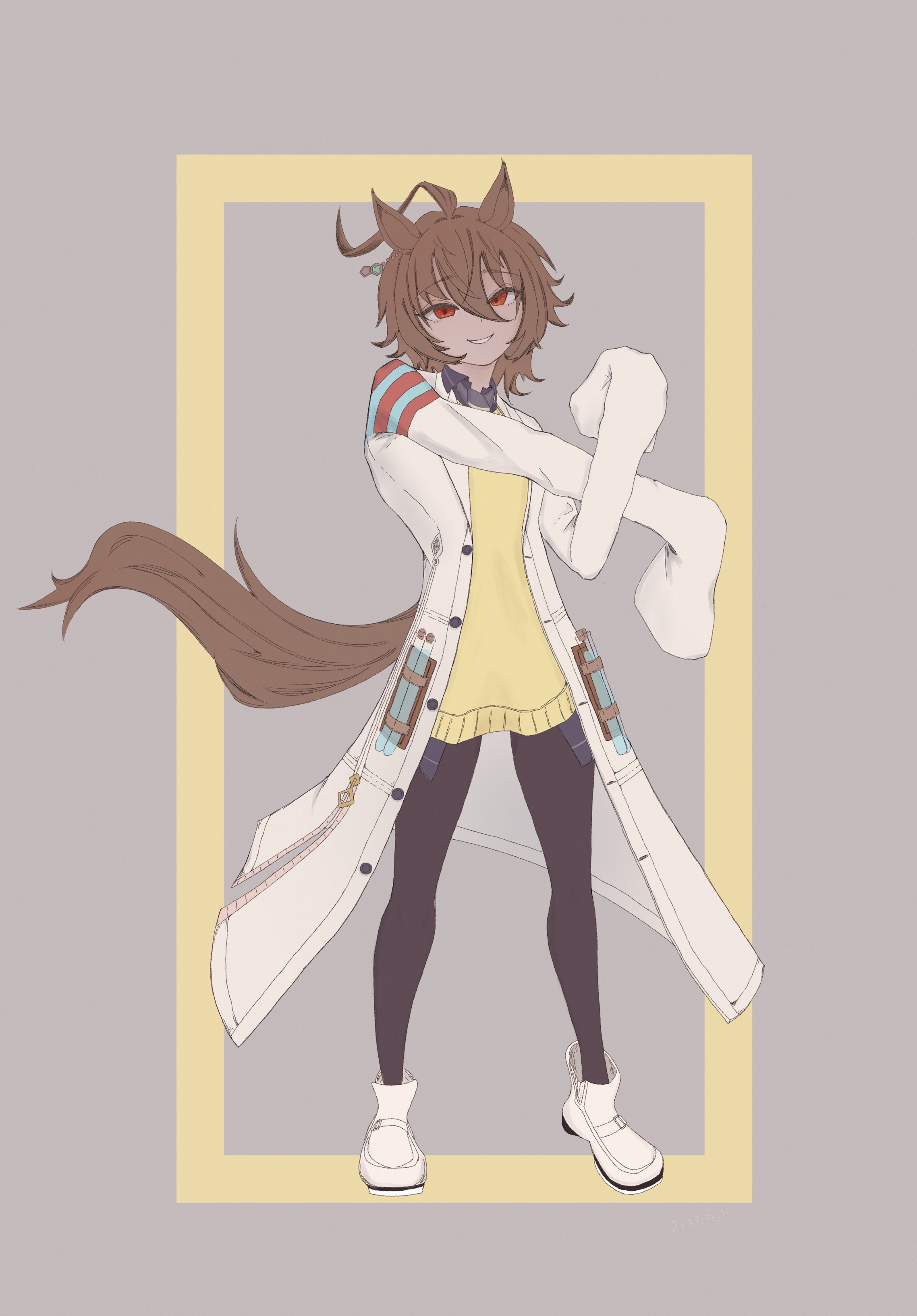 agnes tachyon (umamusume), umamusume, absurdres, highres, 1girl, ahoge, animal ears, arata savage, black necktie, black pantyhose, black shirt, boots, brown hair, chemical structure, coat, collared shirt, cork, cross-body stretch, ear ornament, earrings, grin, hair between eyes, hem peeking out, horse ears, horse girl, horse tail, jewelry, lab coat, medium hair, necktie, open clothes, open coat, pantyhose, parted lips, red eyes, shirt, short necktie, single earring, sleeves past fingers, sleeves past wrists, smile, solo, sweater, tail, test tube, white boots, white coat, yellow sweater