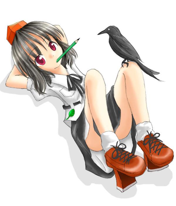 des (namaasi), shameimaru aya, touhou, 1girl, bird, female focus, geta, hat, looking at viewer, pencil, solo, tengu-geta, wooden pencil