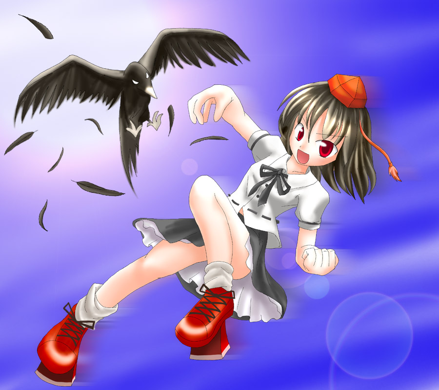 des (namaasi), shameimaru aya, touhou, 1girl, bird, female focus, geta, hat, looking at viewer, solo, tengu-geta