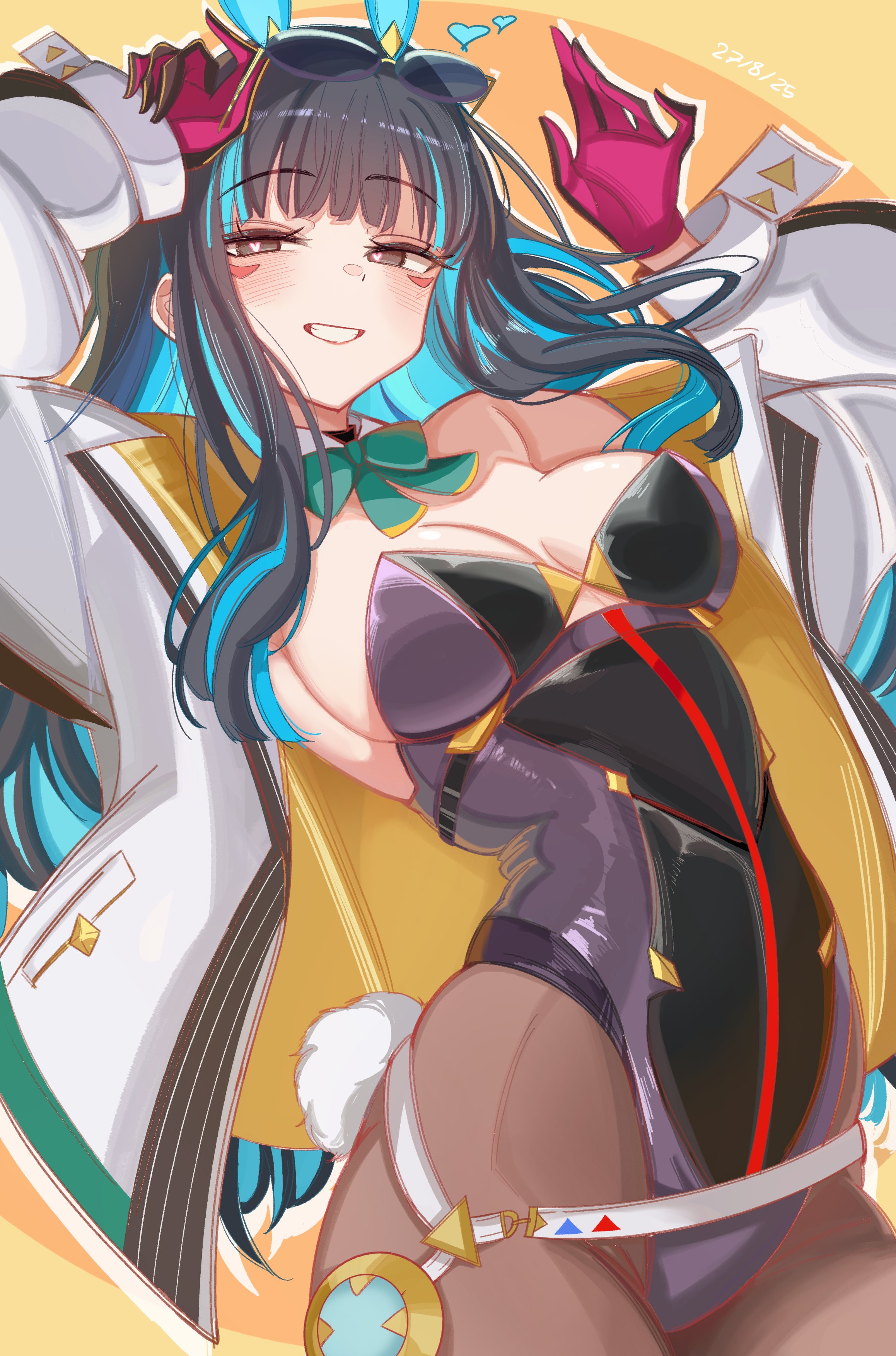 0nineo9, tenochtitlan (fate), tenochtitlan (swimsuit mooncancer) (third ascension) (fate), fate/grand order, fate (series), tenochtitlan (swimsuit mooncancer) (fate), absurdres, highres, 1girl, animal ears, bare shoulders, belt, black gloves, black hair, black leotard, blue hair, blush, bow, bowtie, breasts, brown pantyhose, cleavage, colored inner hair, detached collar, eyeliner, eyewear on head, fake animal ears, gloves, grey eyes, grin, highleg, highleg leotard, jacket, leotard, long hair, long sleeves, looking at viewer, makeup, medium breasts, multicolored hair, multicolored jacket, off shoulder, pantyhose, playboy bunny, rabbit ears, rabbit tail, red gloves, round eyewear, sidelocks, small breasts, smile, solo, sunglasses, tail, thighs, two-tone jacket, white jacket, yellow jacket