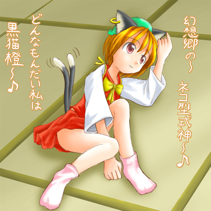 des (namaasi), chen, touhou, translation request, 1girl, animal ears, brown eyes, brown hair, cat ears, cat girl, cat tail, earrings, female focus, indoors, jewelry, multiple tails, short hair, socks, solo, tail