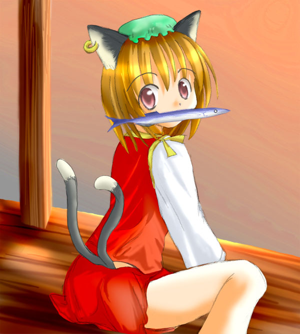 des (namaasi), chen, touhou, 1girl, animal ears, ass, brown hair, cat ears, cat girl, cat tail, earrings, female focus, fish, hat, jewelry, mouth hold, multiple tails, outdoors, short hair, solo, tail