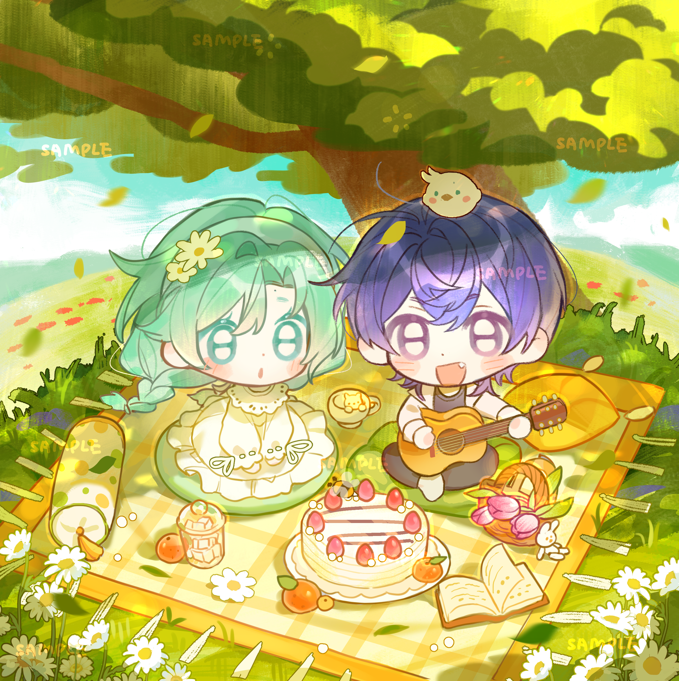 original, absurdres, highres, 1boy, 1girl, :d, :o, bai yang zi, basket, black pants, black shirt, blush, braid, cake, chibi, chibi only, day, double-parted bangs, dress, fang, food, fruit, full body, green eyes, green hair, green hairband, guitar, hairband, holding, holding guitar, holding instrument, instrument, jacket, long hair, long sleeves, looking at viewer, open clothes, open jacket, open mouth, orange (fruit), outdoors, pants, picnic blanket, plate, purple eyes, purple hair, shirt, short hair, sitting, smile, socks, strawberry, tree, twin braids, white dress, white jacket, white socks